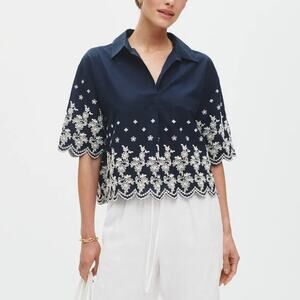 CeCe Scalloped Top Floral Embroidered Short Sleeve Collared Crop Blue White XL
